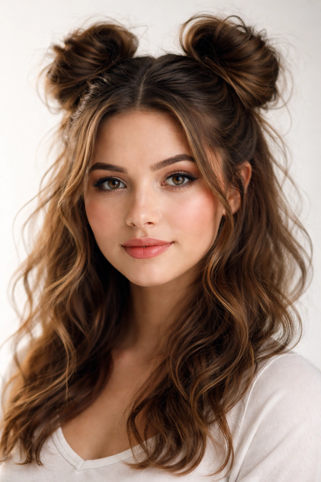 Model with two high space buns and textured hair for height and softness
