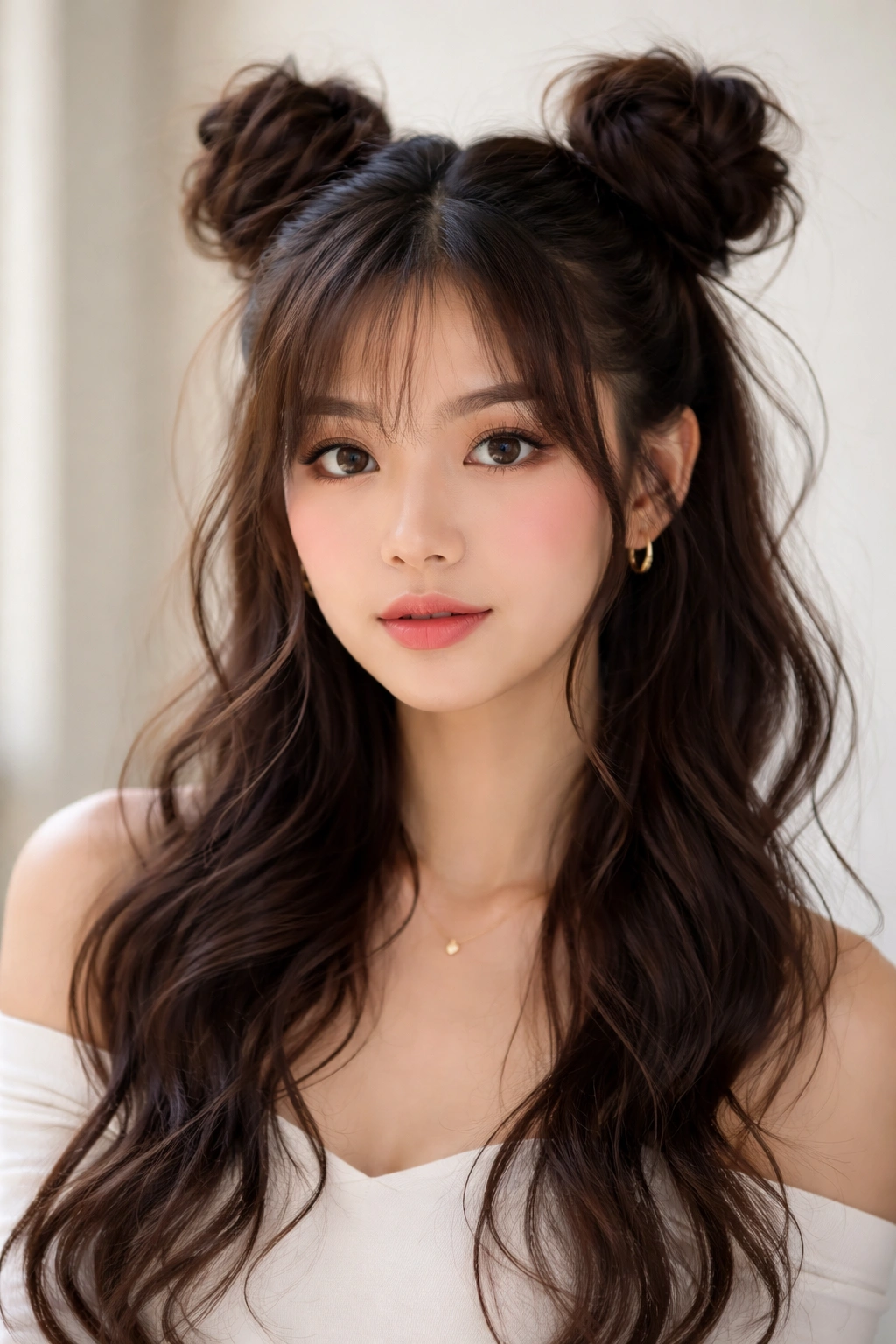 Two space buns on top with wispy tendrils framing the face and soft waves