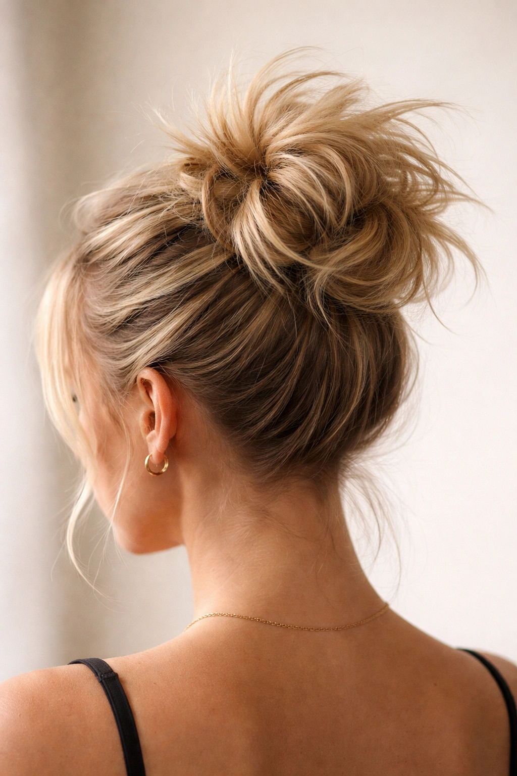 Crown bun with teased volume and visible spikes around the bun on short hair