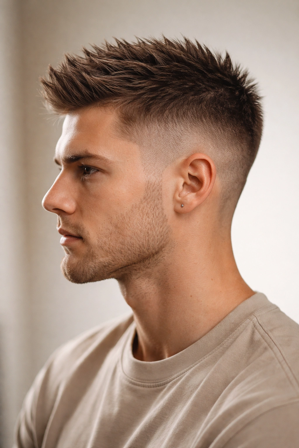 Profile view of spiky crew cut with textured top