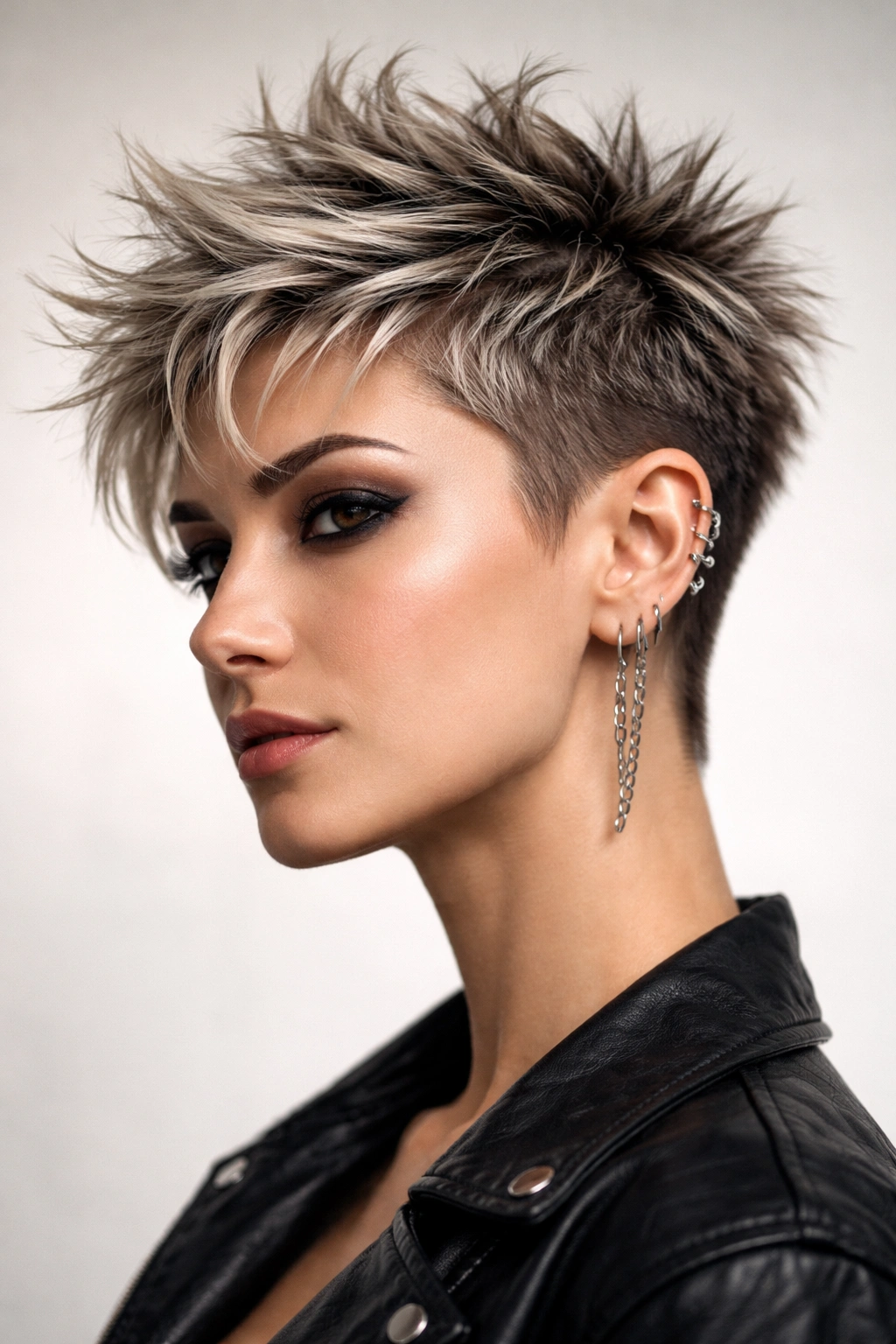Close-up of a person with a spiky textured haircut and voluminous crown