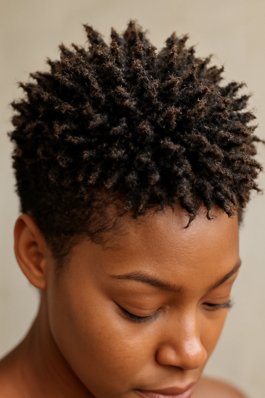 Close-up of spiky curls with point-cut texture showing defined curl definition.