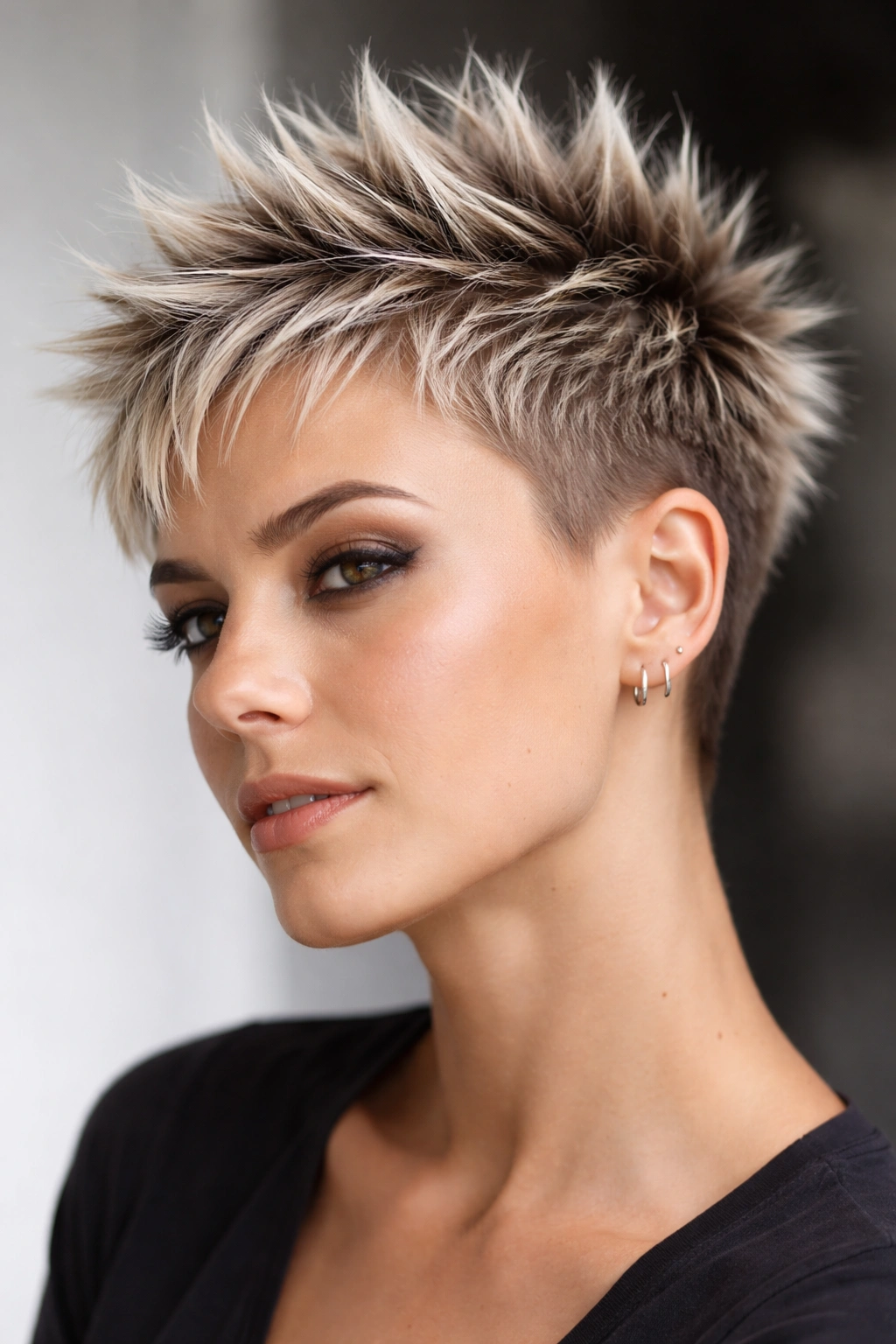 Portrait of a person with a spiky cut showing upward spikes