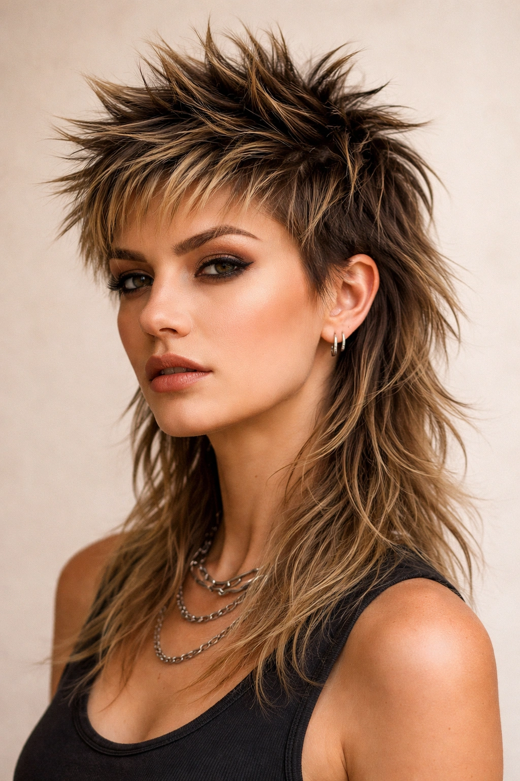 Front spikes and longer textured back mullet in studio portrait.