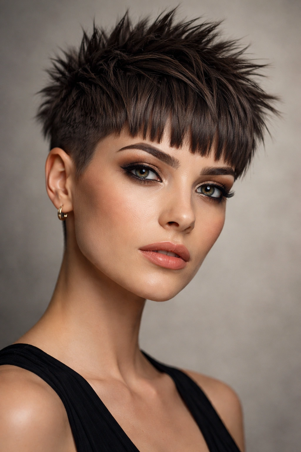 Close-up portrait of a person with a spiky textured pixie and geometric blunt bangs