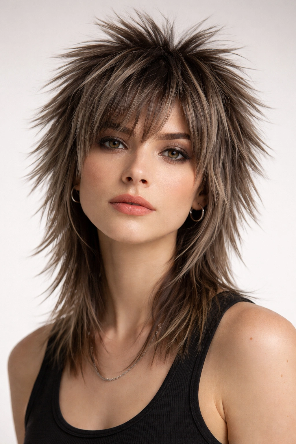 Close-up of a person with bold spiky textured shag on straight hair in a studio