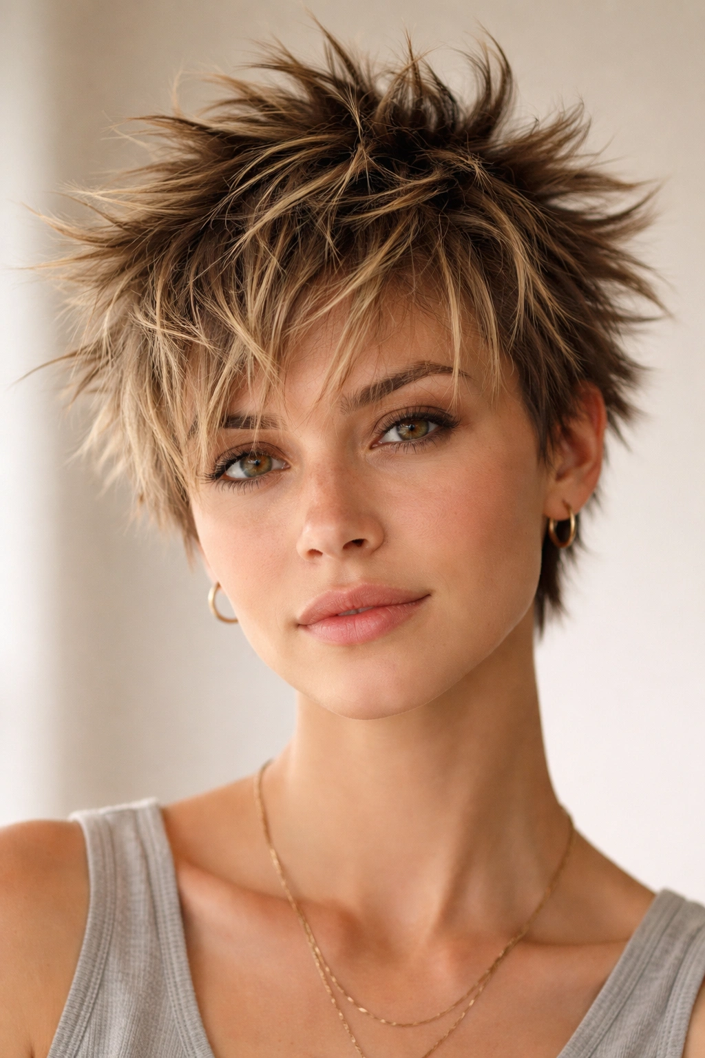 Short hair with spiky, piece-y texture, air-dried and separated.