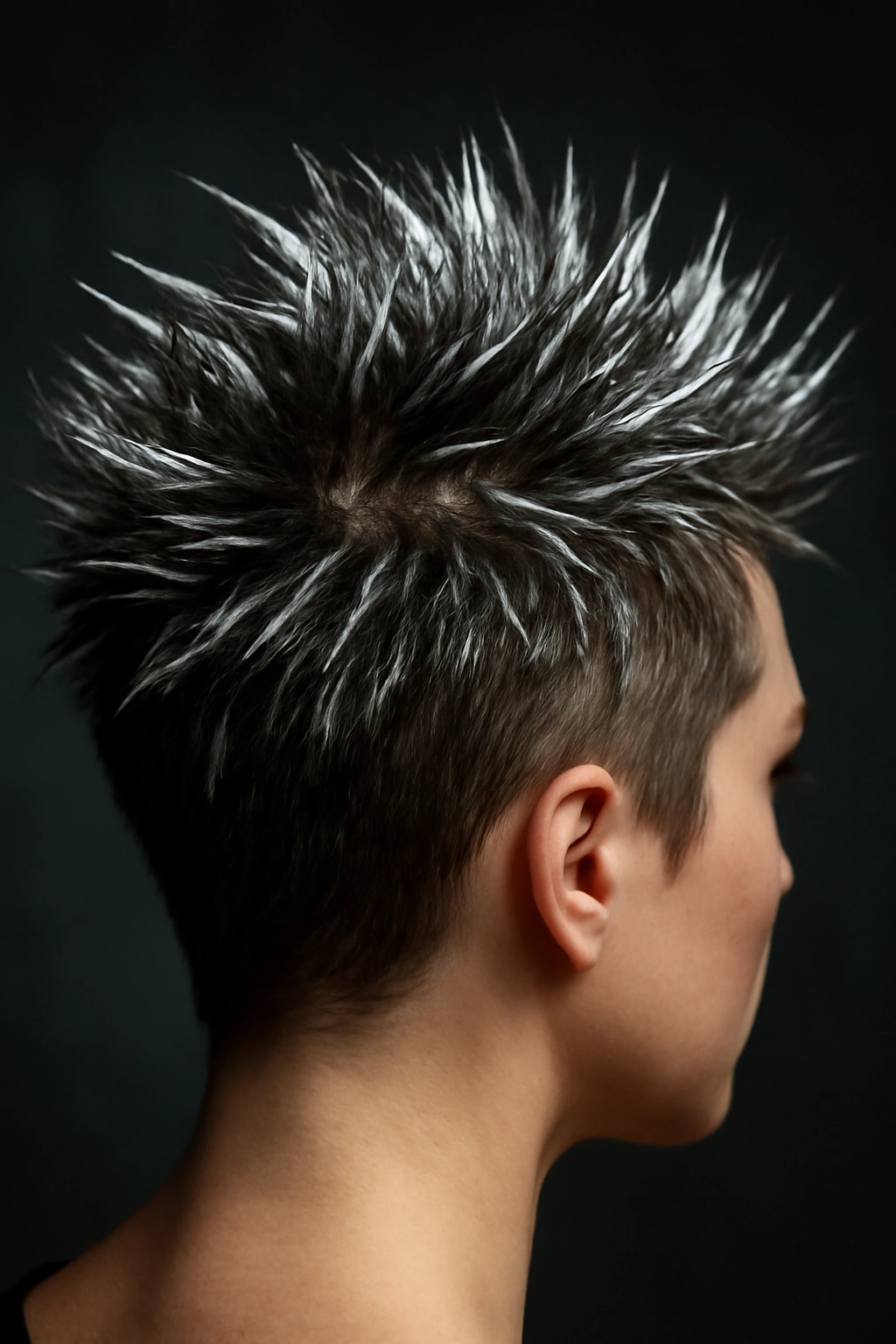 Short spiky hair with metallic shine under dramatic studio lighting
