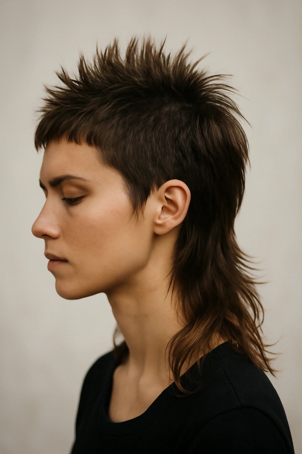 Spiky top mullet with short crown and long soft back portrait