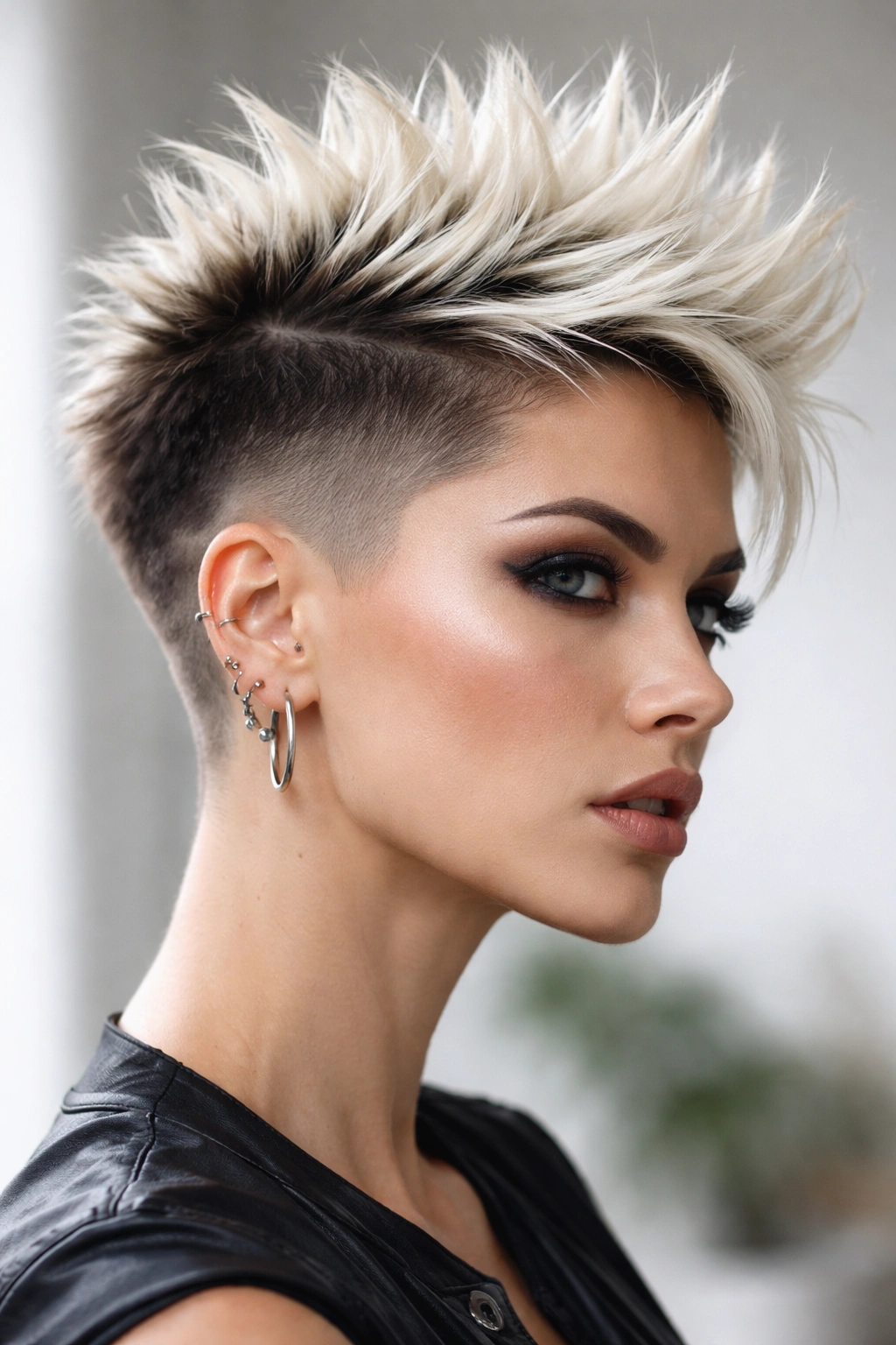 Close-up of a woman’s spiky undercut with a bleached platinum top.