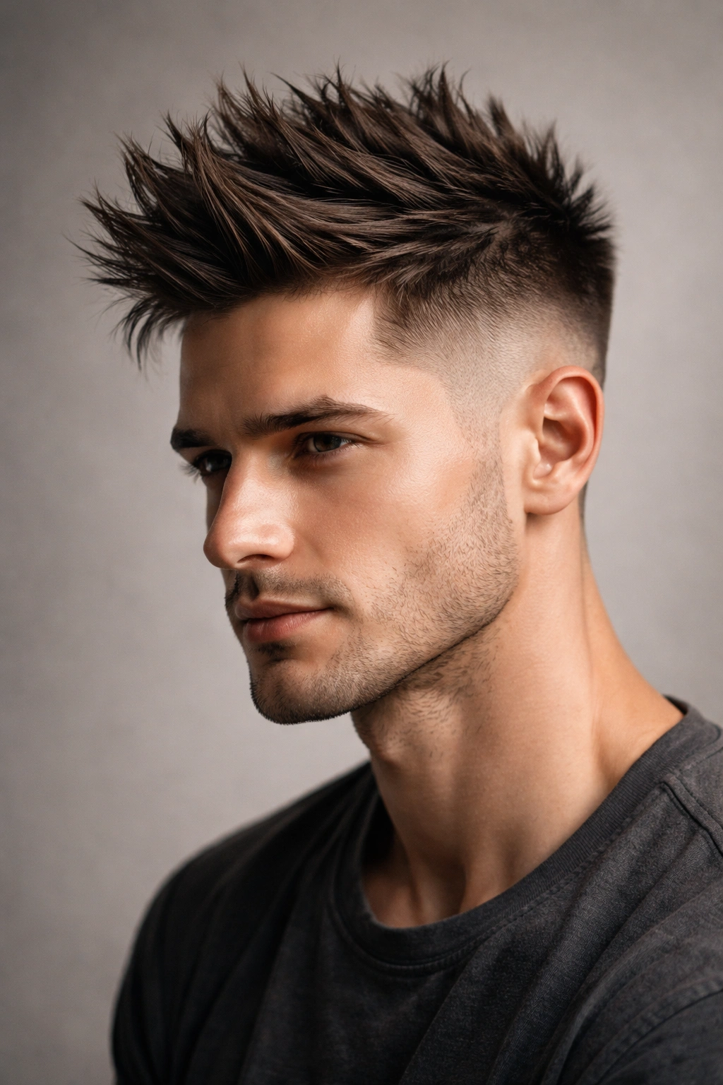 Close-up of a man with a bold spiky undercut and faded sides under studio lighting