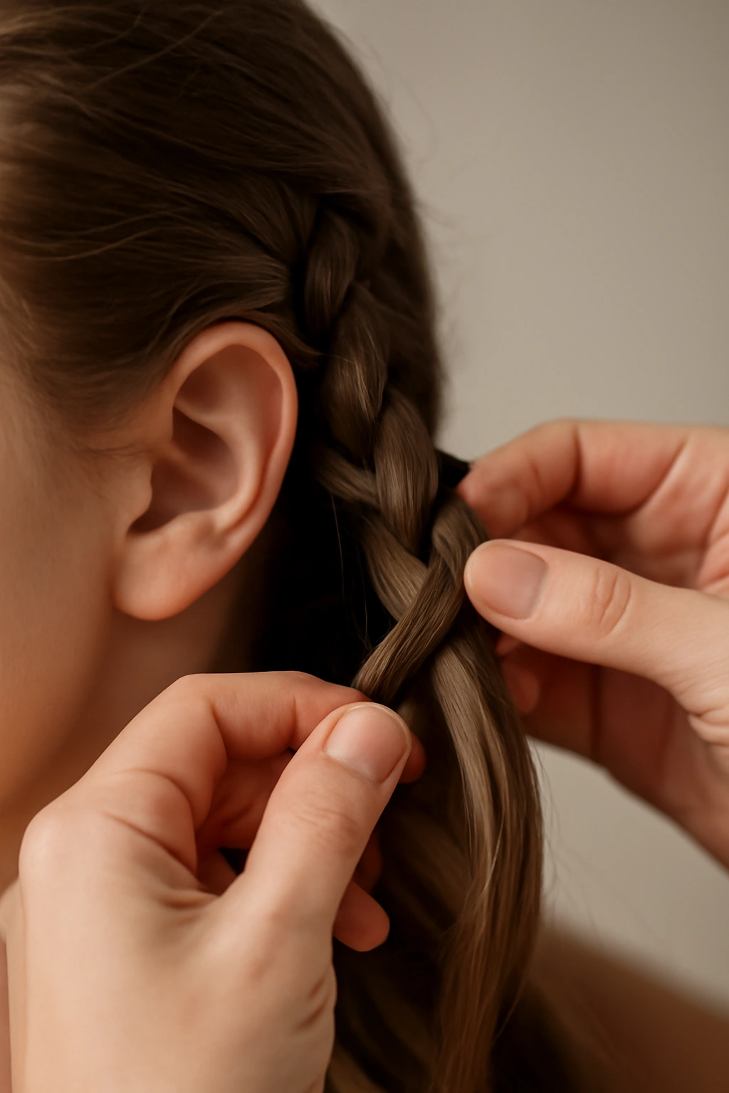 Three strands braided at base showing spiraling rotation around head