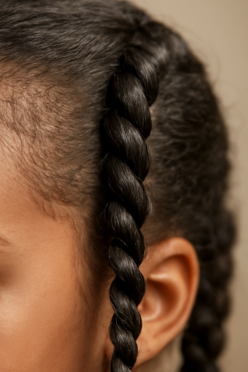 Close-up of a spiral two-strand braid on a child's hair showing rope-like texture