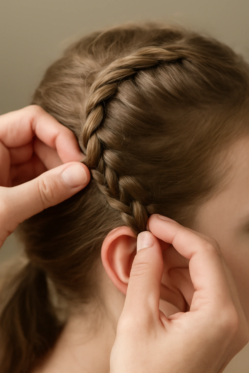 Close-up of hands braiding hair into a spiral around the head, showing braid-rotate sequence