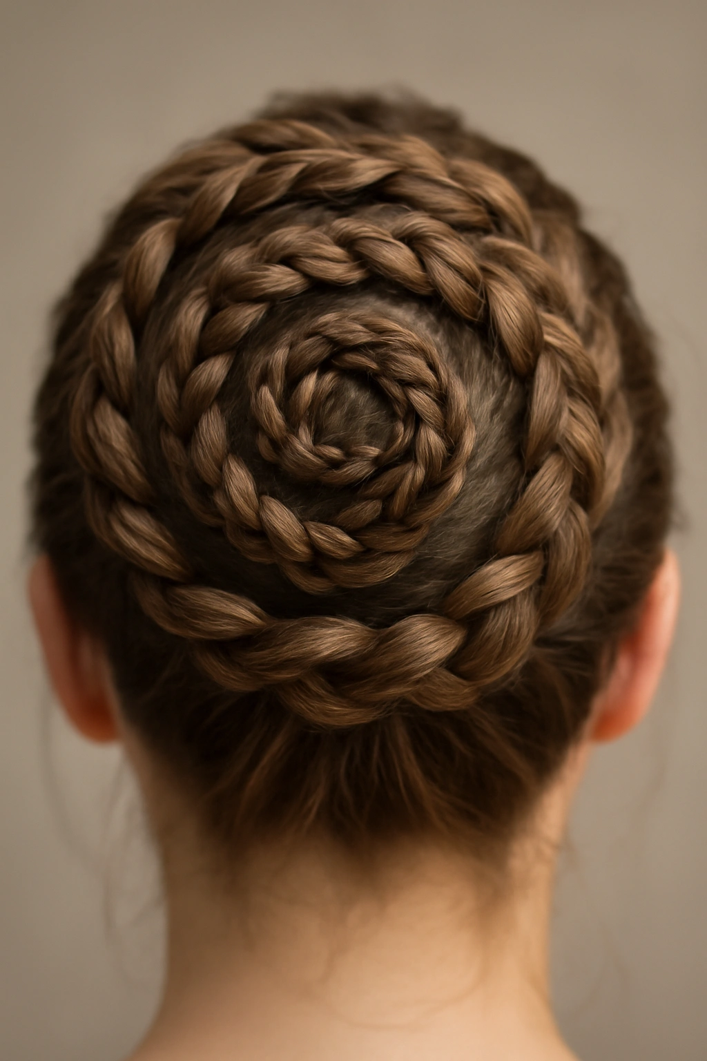 Close-up of a spiral braid with circular hair loops around the crown