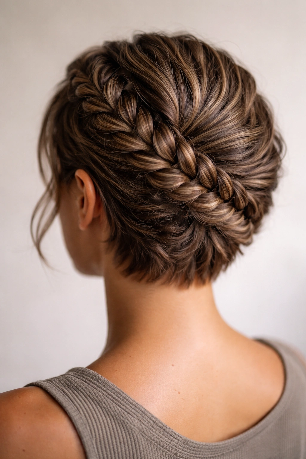 Close-up of a textured spiral braid winding around the head on curly hair