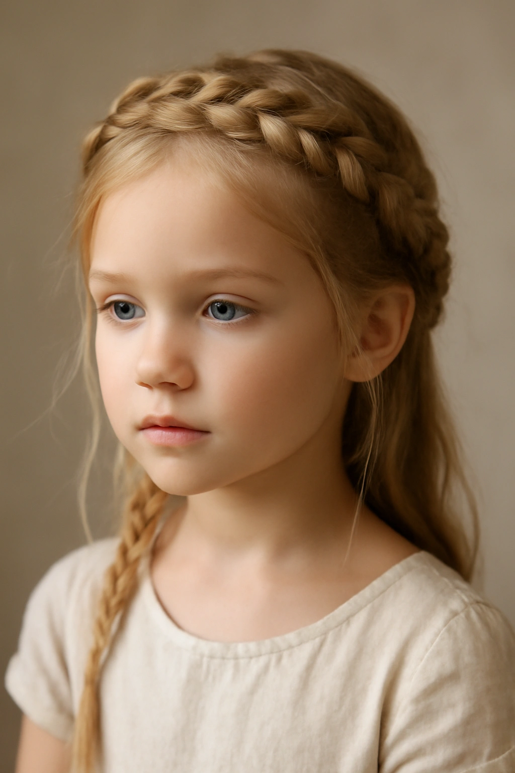 Close-up of a flower girl wearing a spiral crown of delicate Dutch braids with side braids