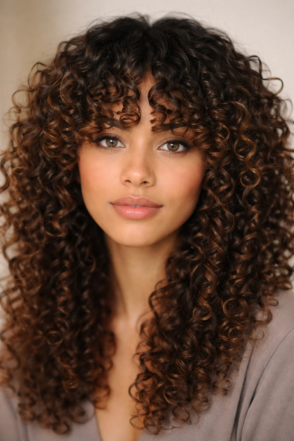 Spiral curl bangs with defined individual ringlets.