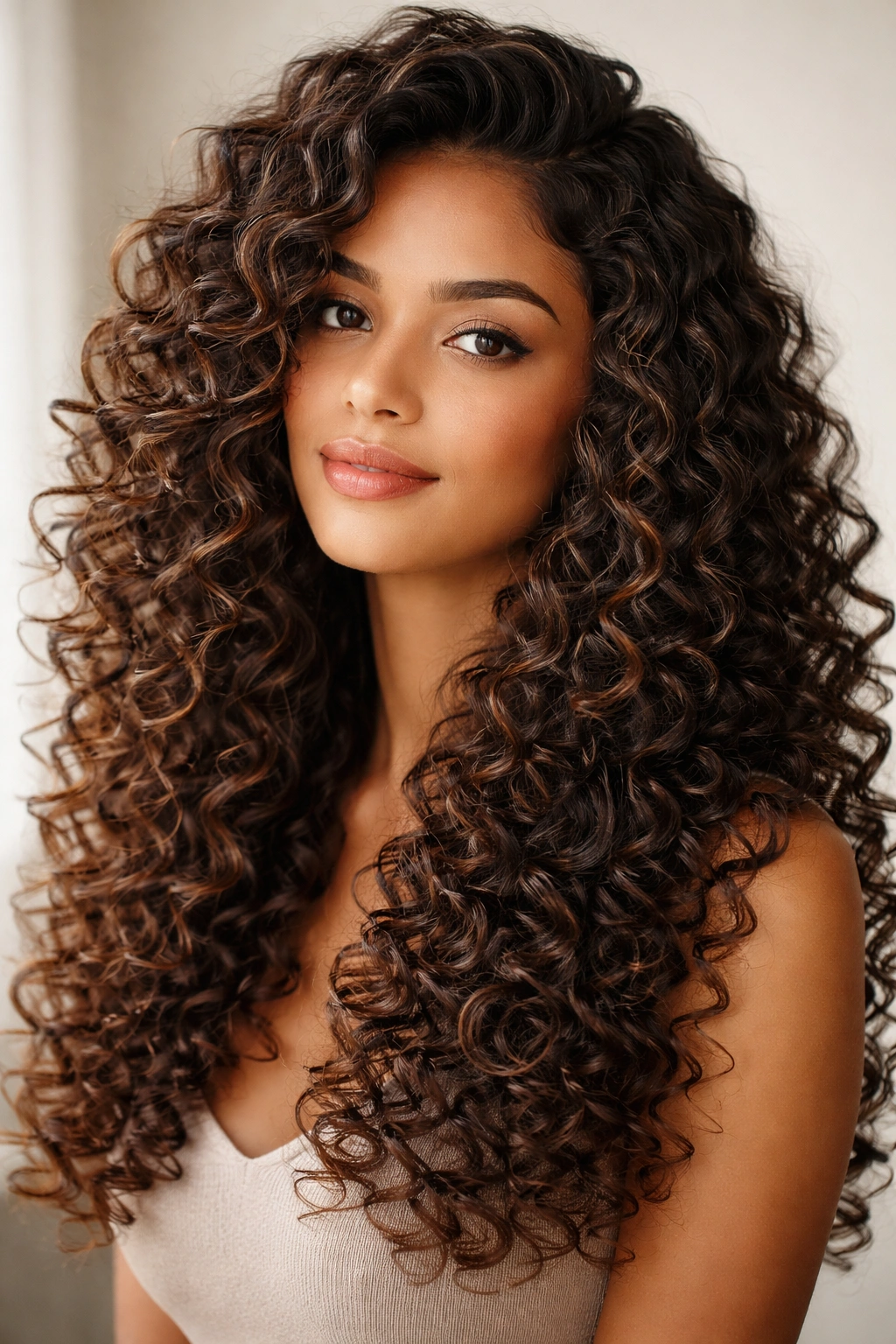 Close-up of defined spiral curls with layered cut on curly hair