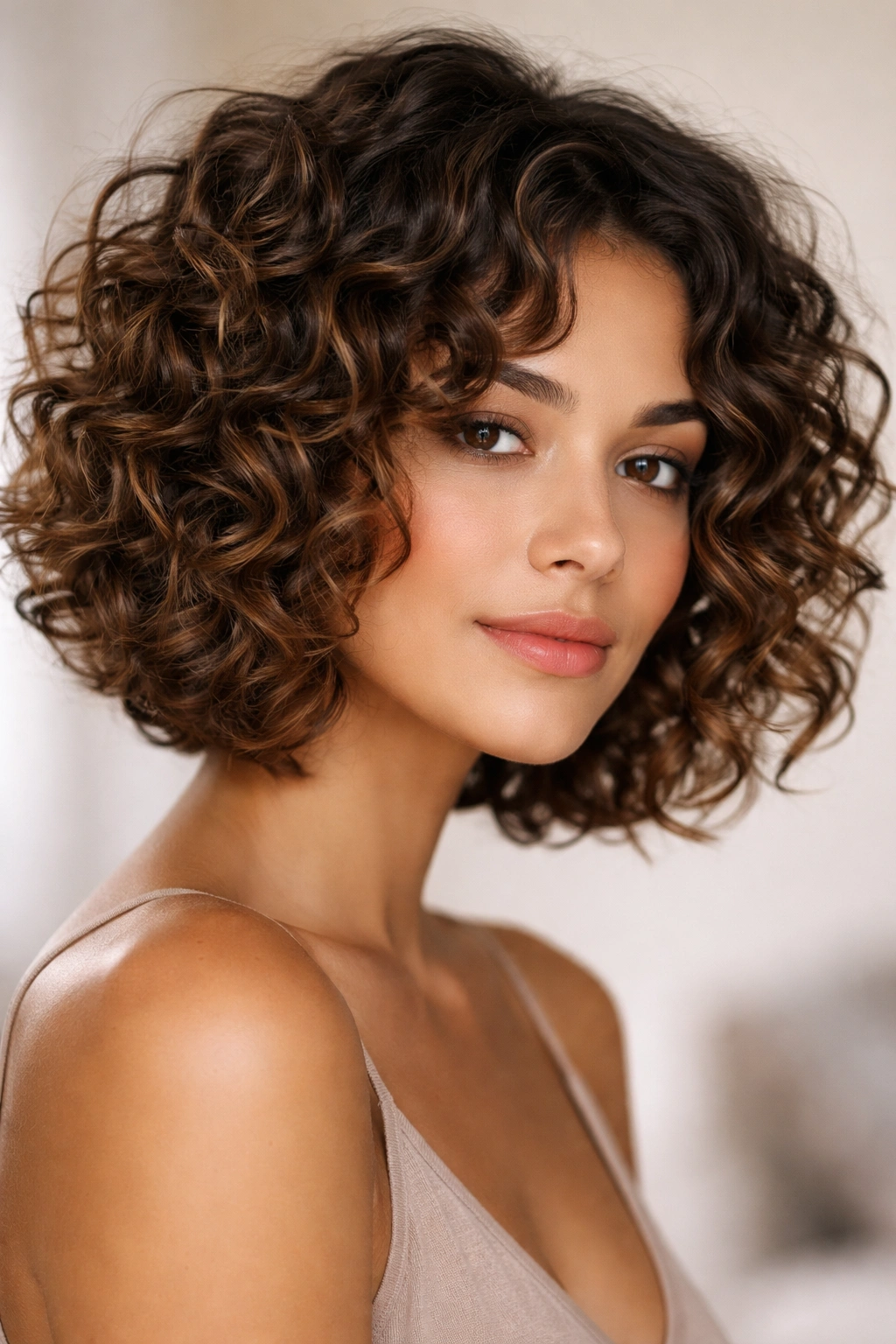 Tightly curled spiral curls with choppy layers enhancing definition