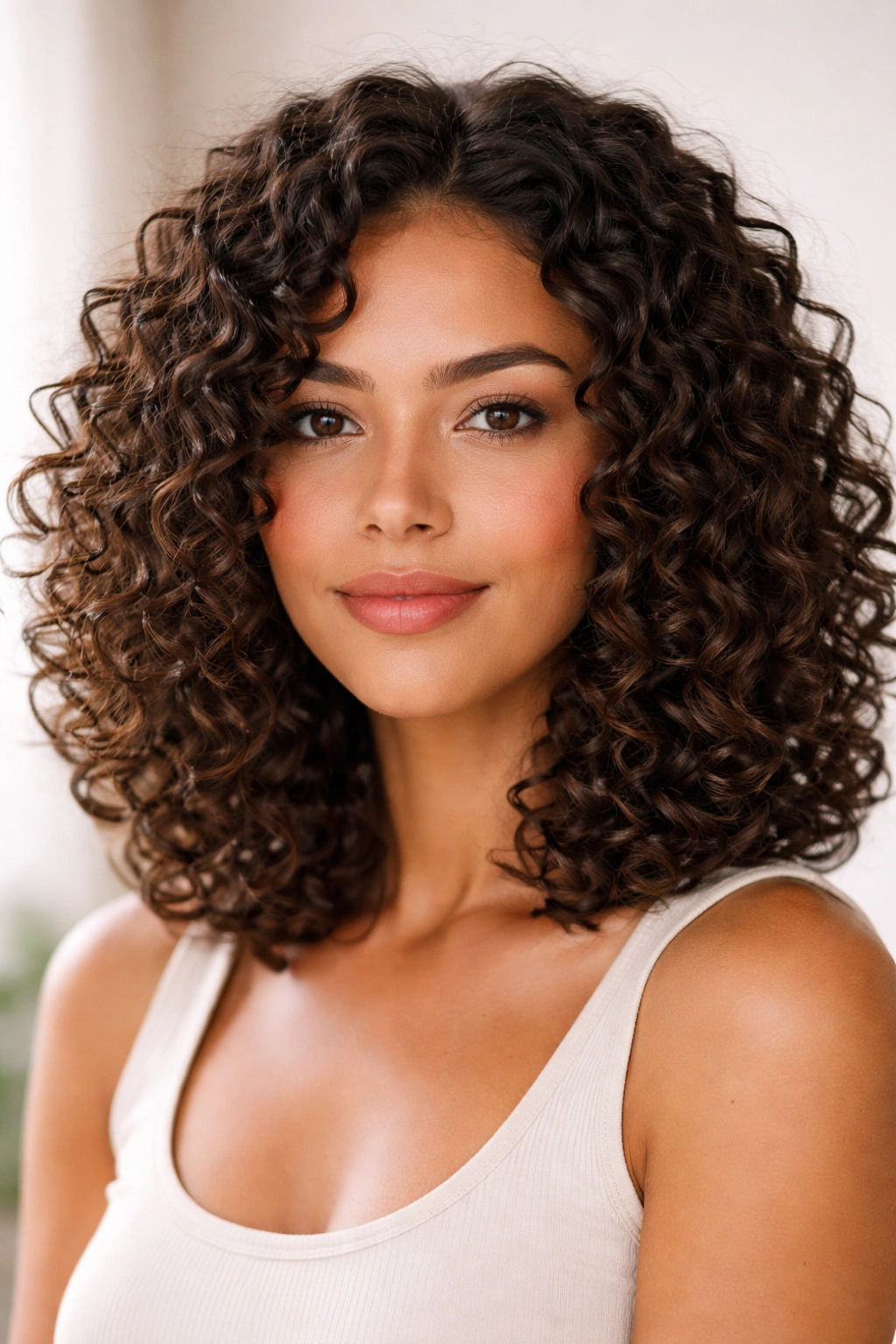 Close-up of spiral curls in a curly lob showing defined curl clumps