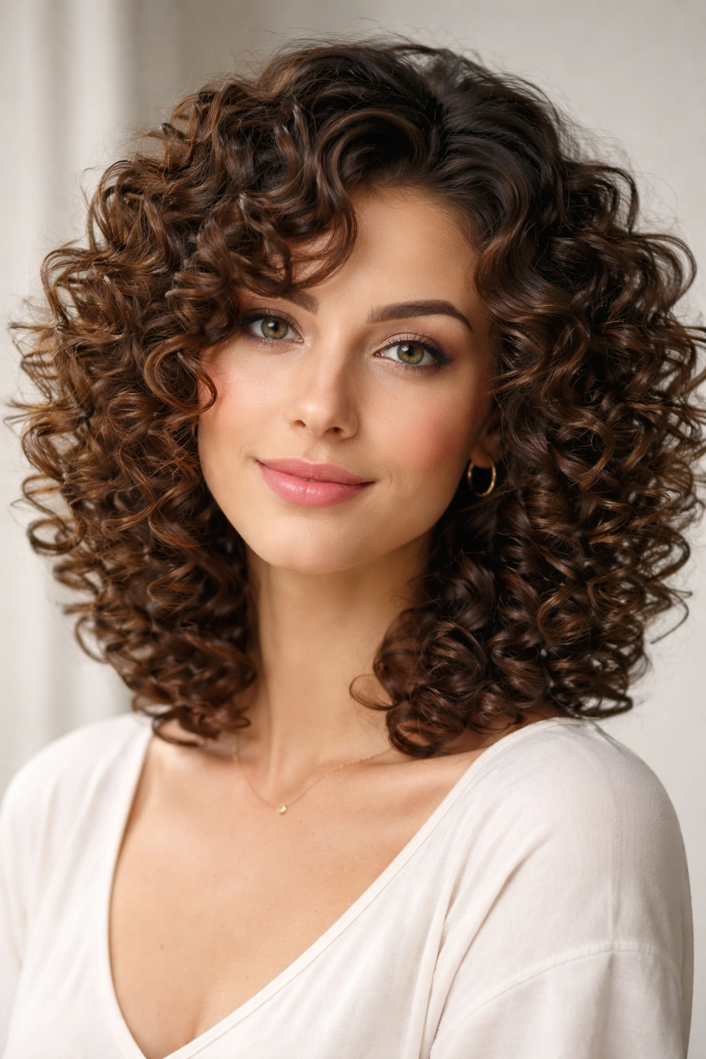Close-up of bouncy spiral curls from a modern perm.