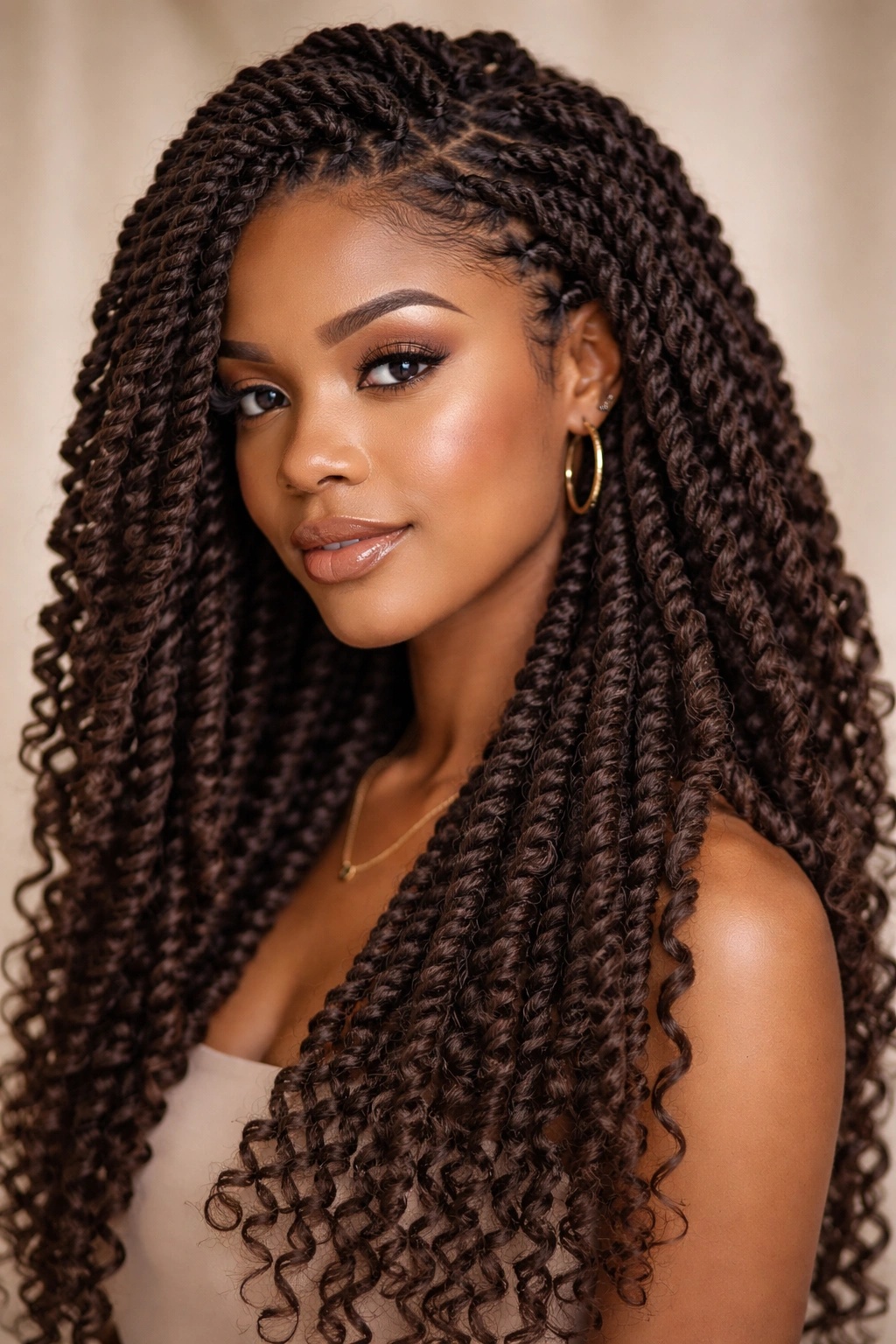 Close-up of spiral locs with tight rope-like coils