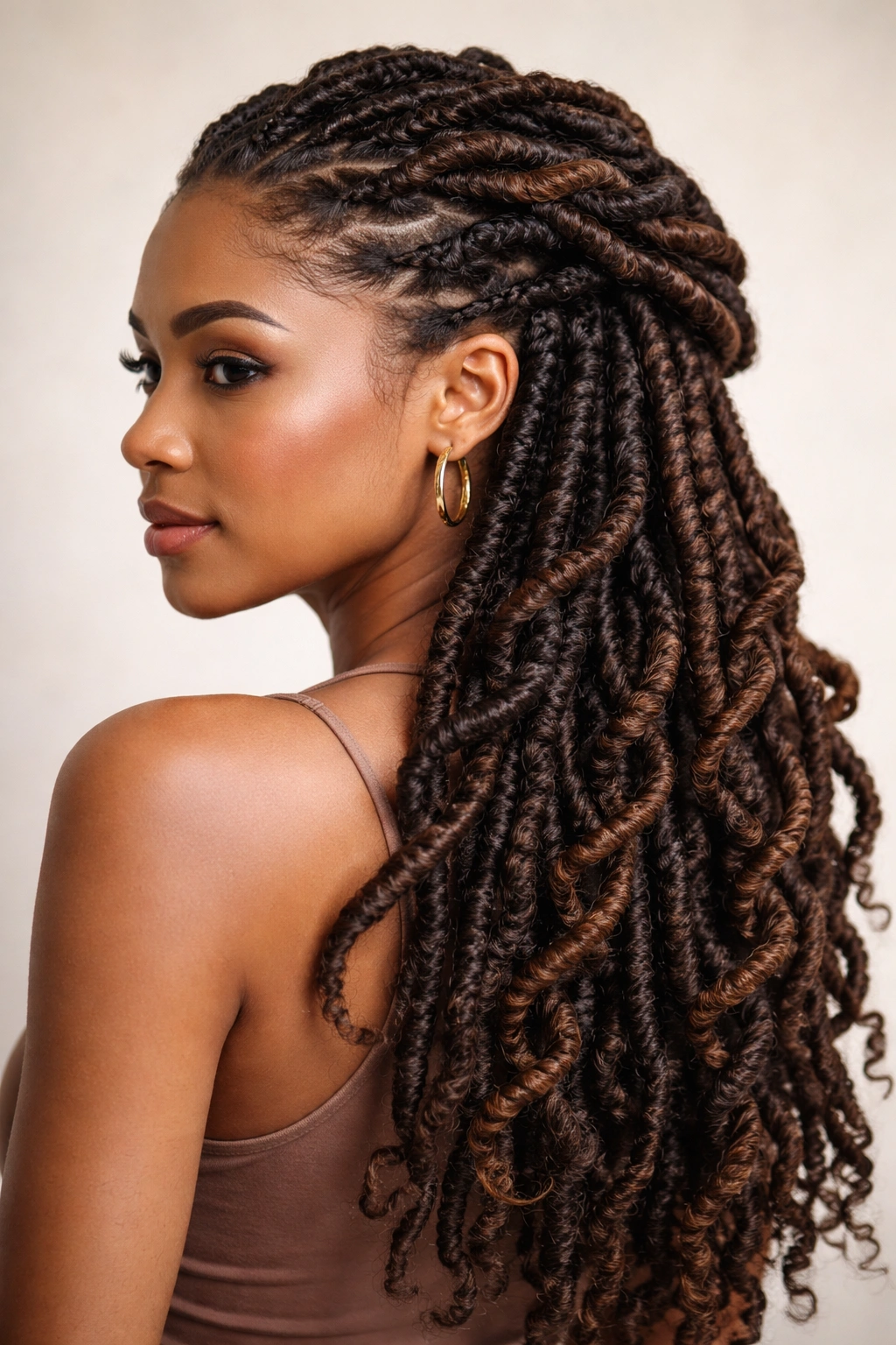 Locs twisted into spirals forming dynamic curves along the head.