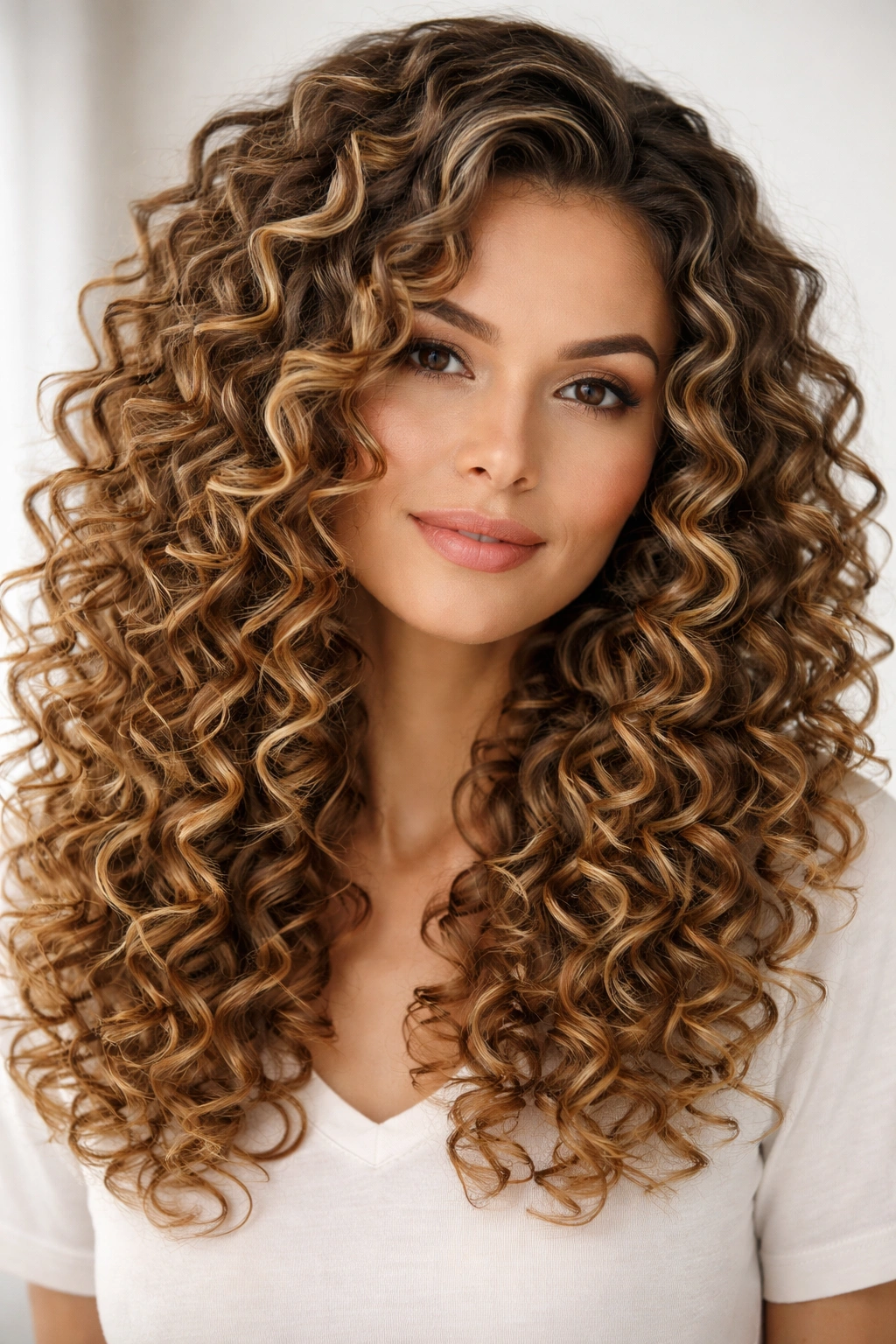 Close-up of spiraling curls in a spiral perm-inspired cut