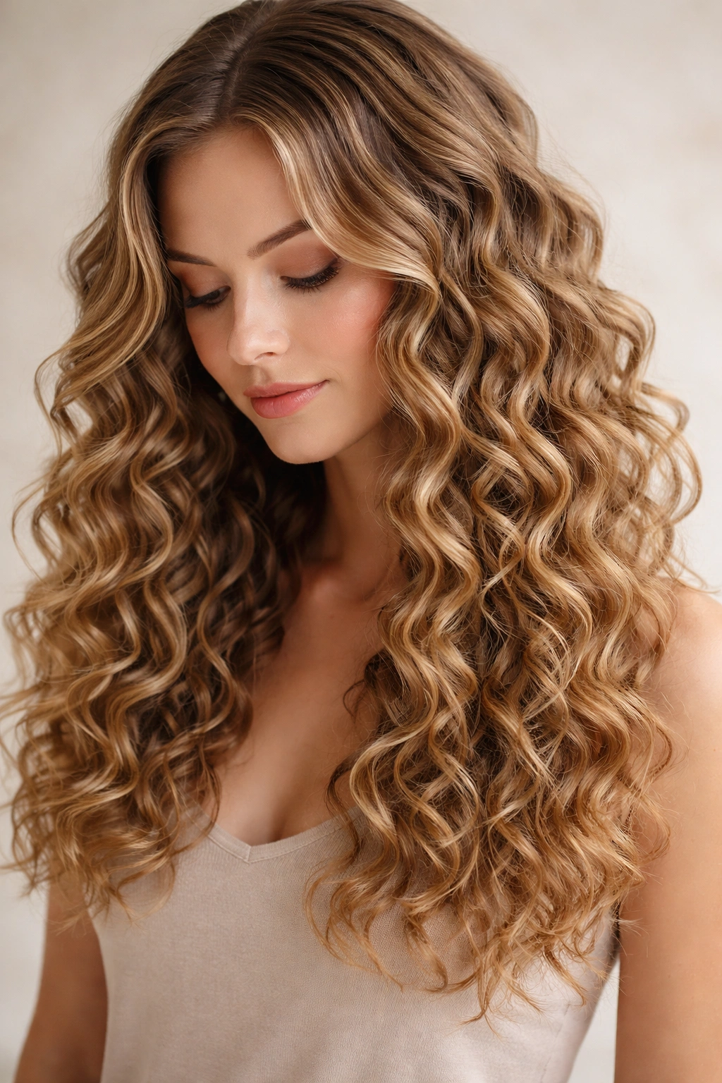 Spiral perm waves on fine hair in studio lighting