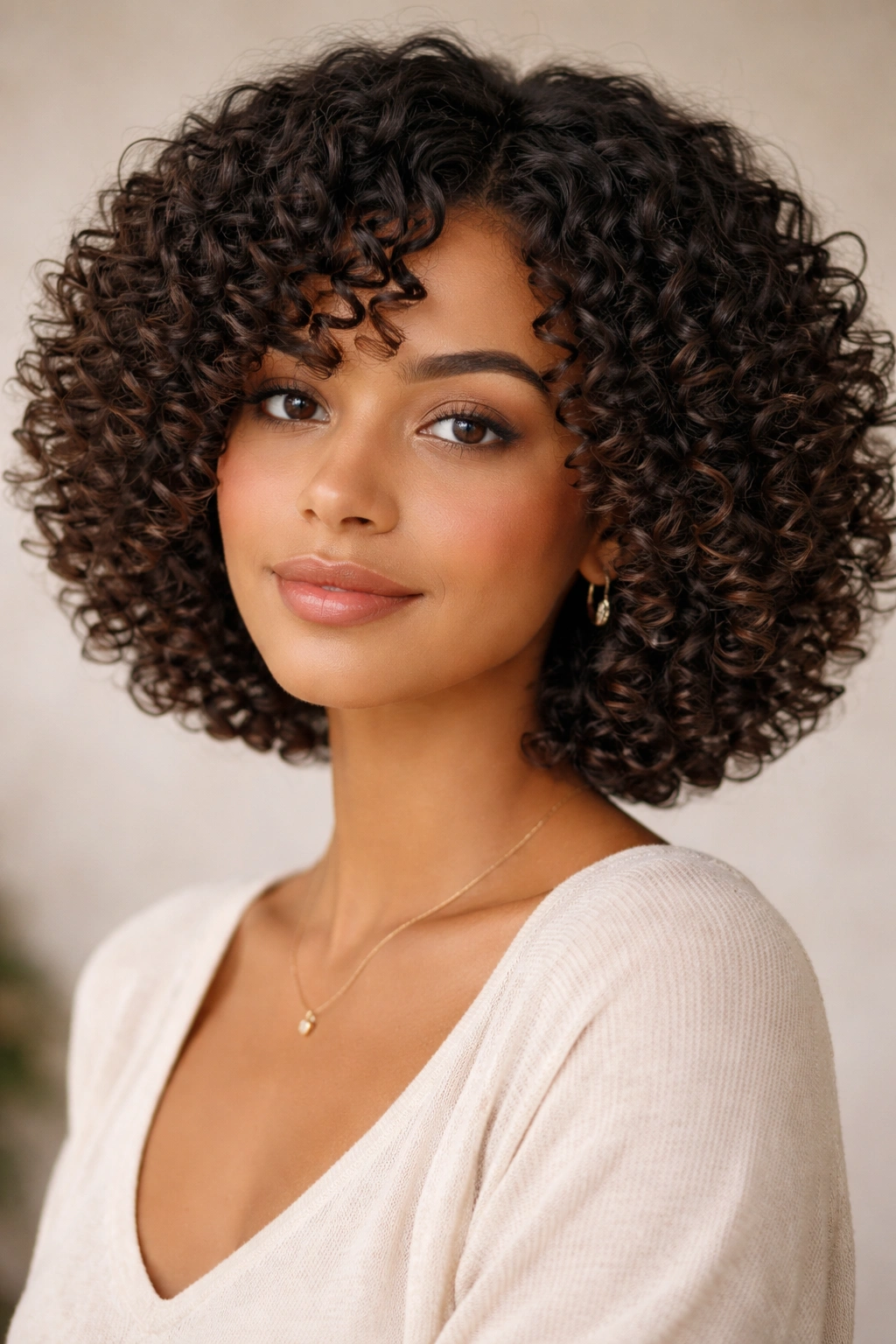 Portrait of Spiral Ringlet Bob with defined spiral curls at chin length
