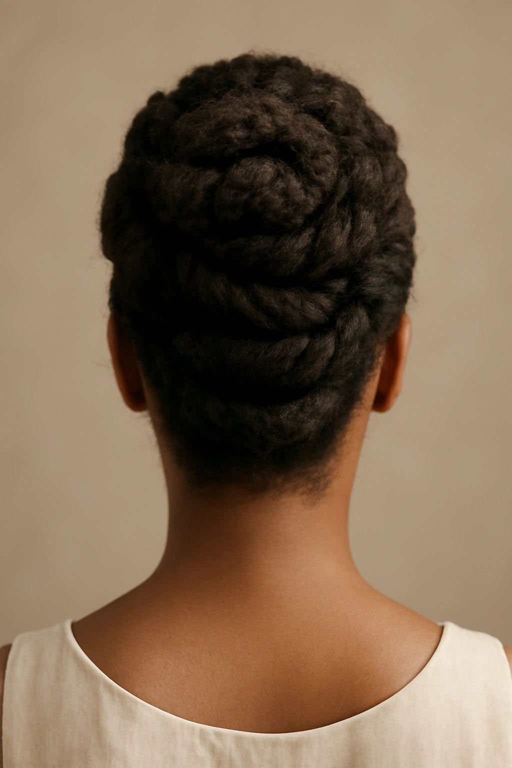 Back view of a spiral roll updo showing interconnected spirals and layered texture.