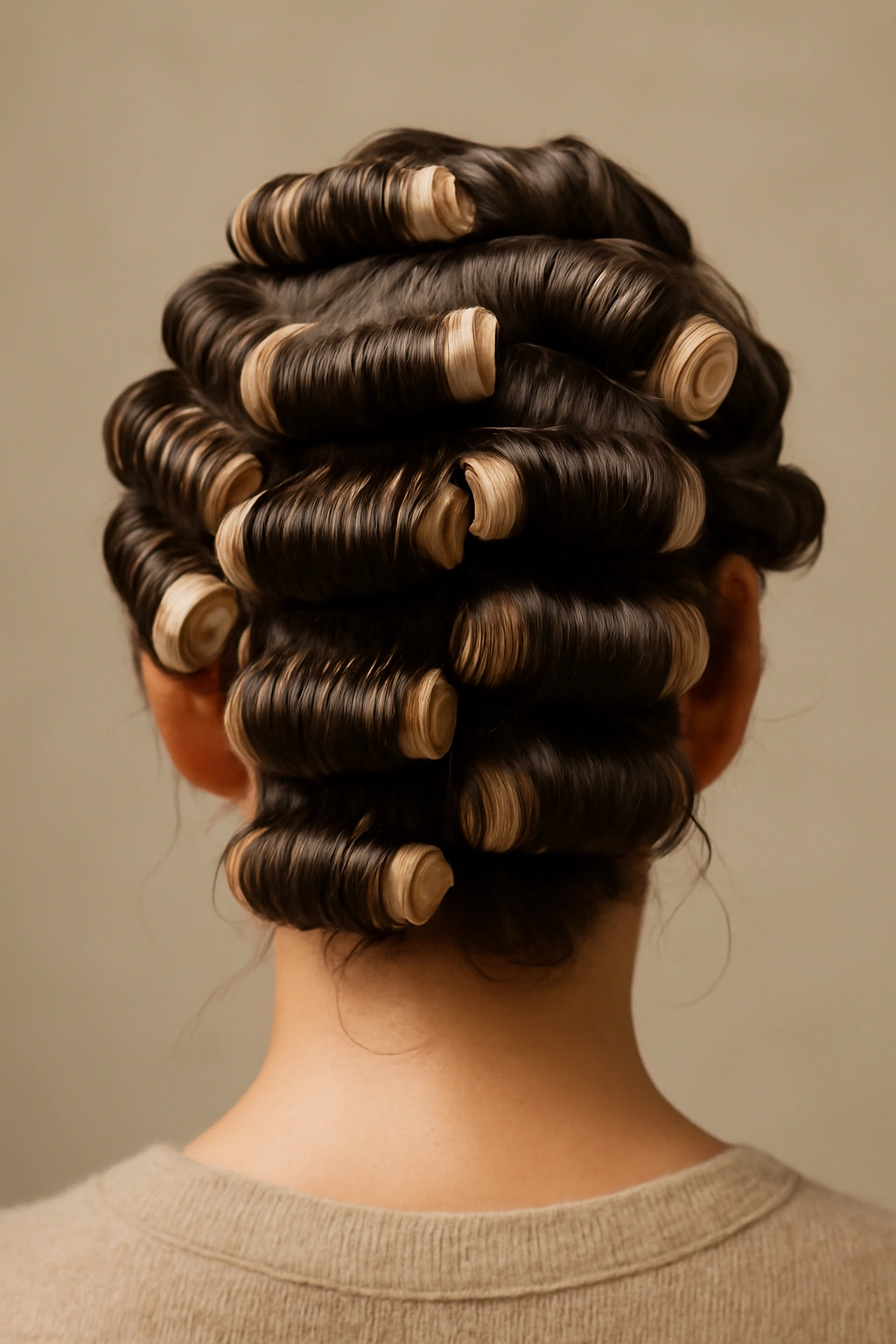 Close-up of damp hair wrapped around spiral rollers creating springy waves