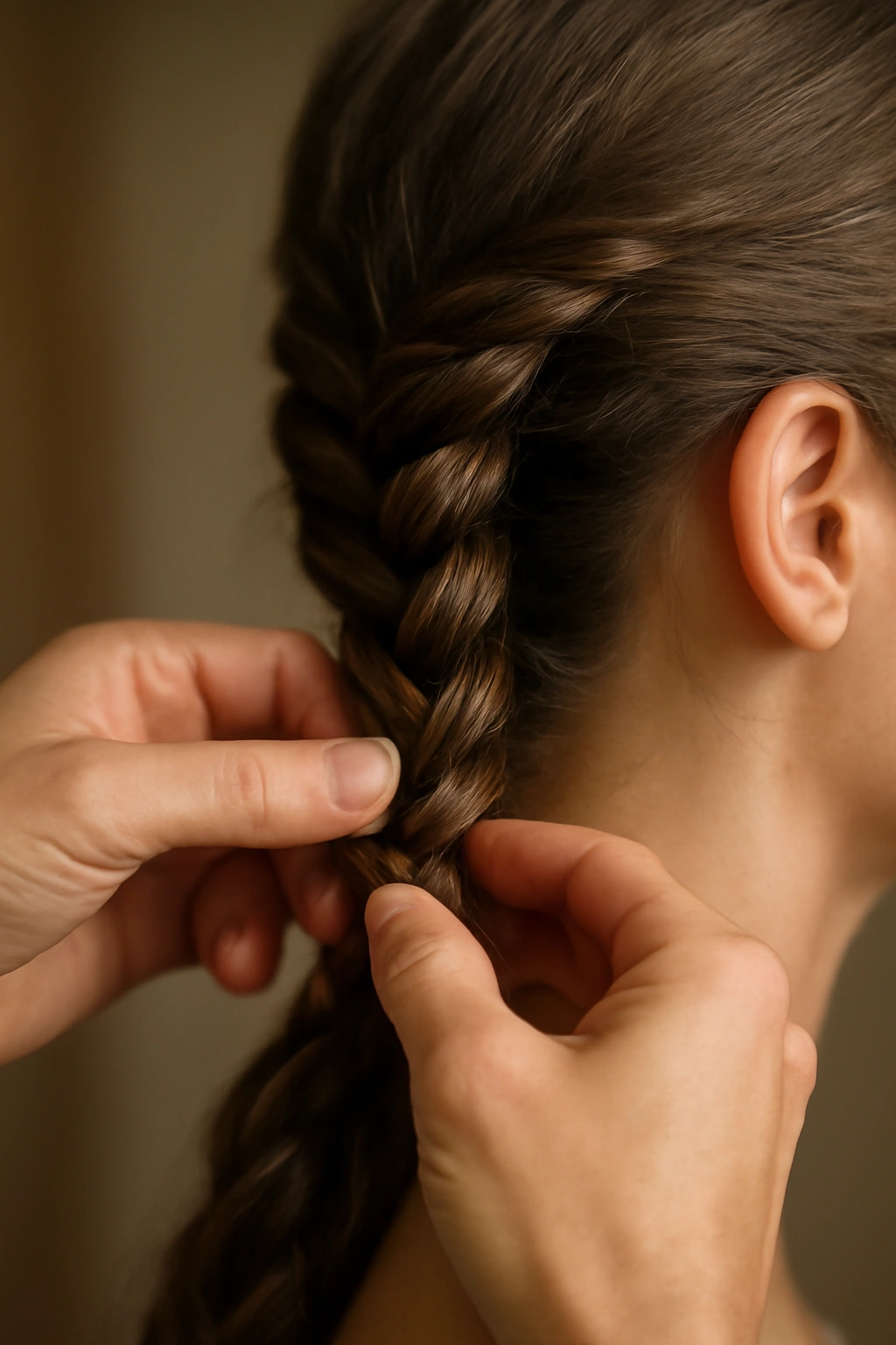 Side view of hands maintaining even tension on a spiral braid around the head