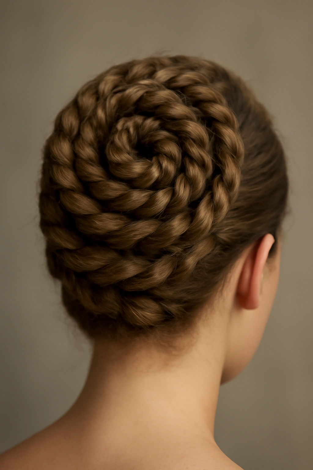 Intricate spiral braid creating rope-like texture in updo