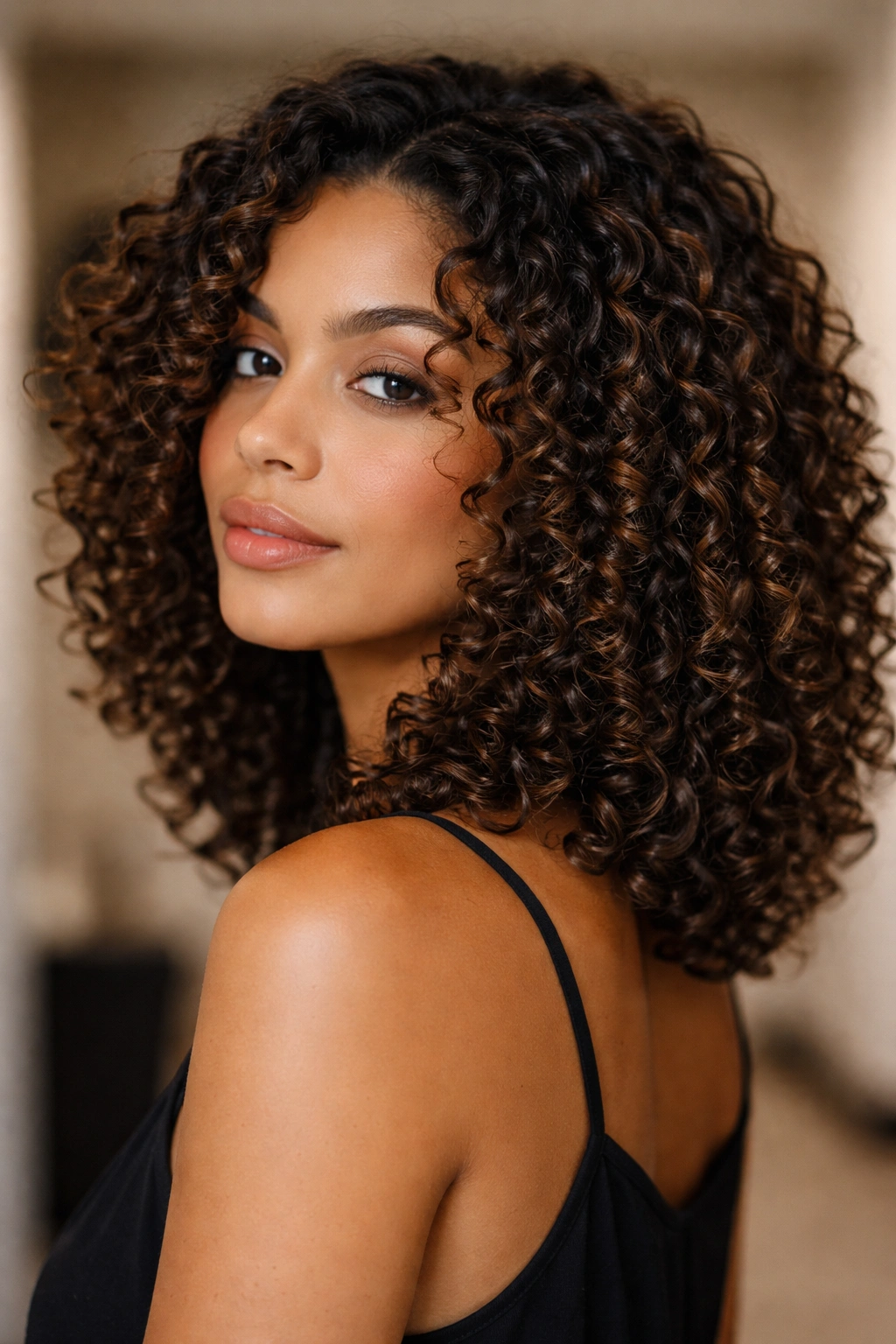 Close-up of shoulder-length curls with pronounced spirals
