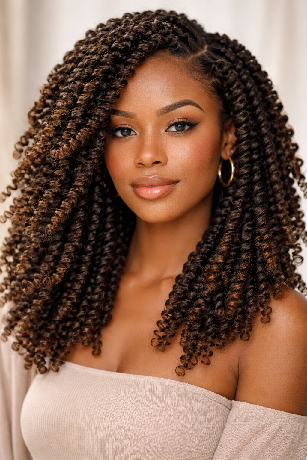 Close-up of spring twists with pre-curled hair creating bouncy texture