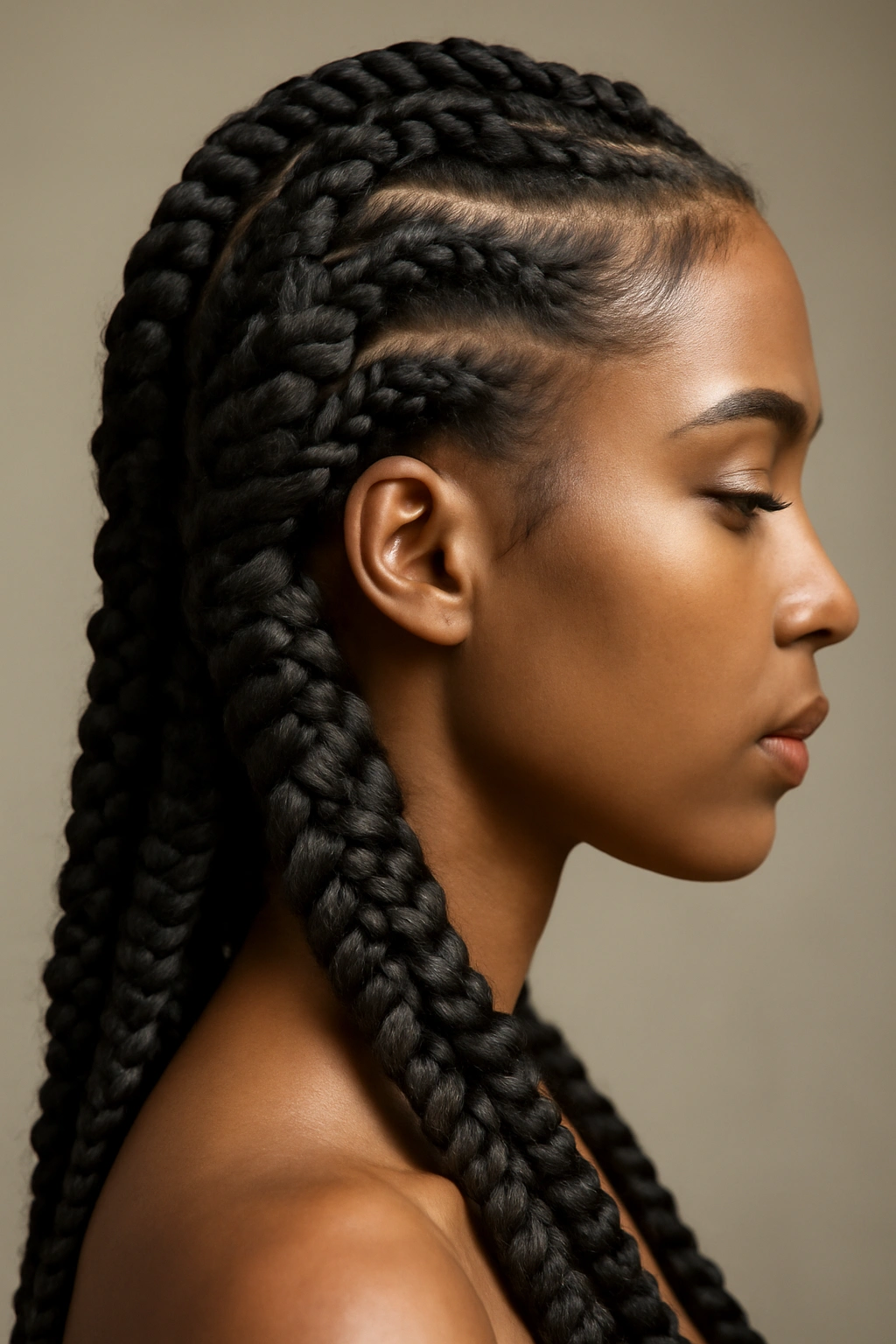 Close-up of stacked box braids showing textured, dimensional sections