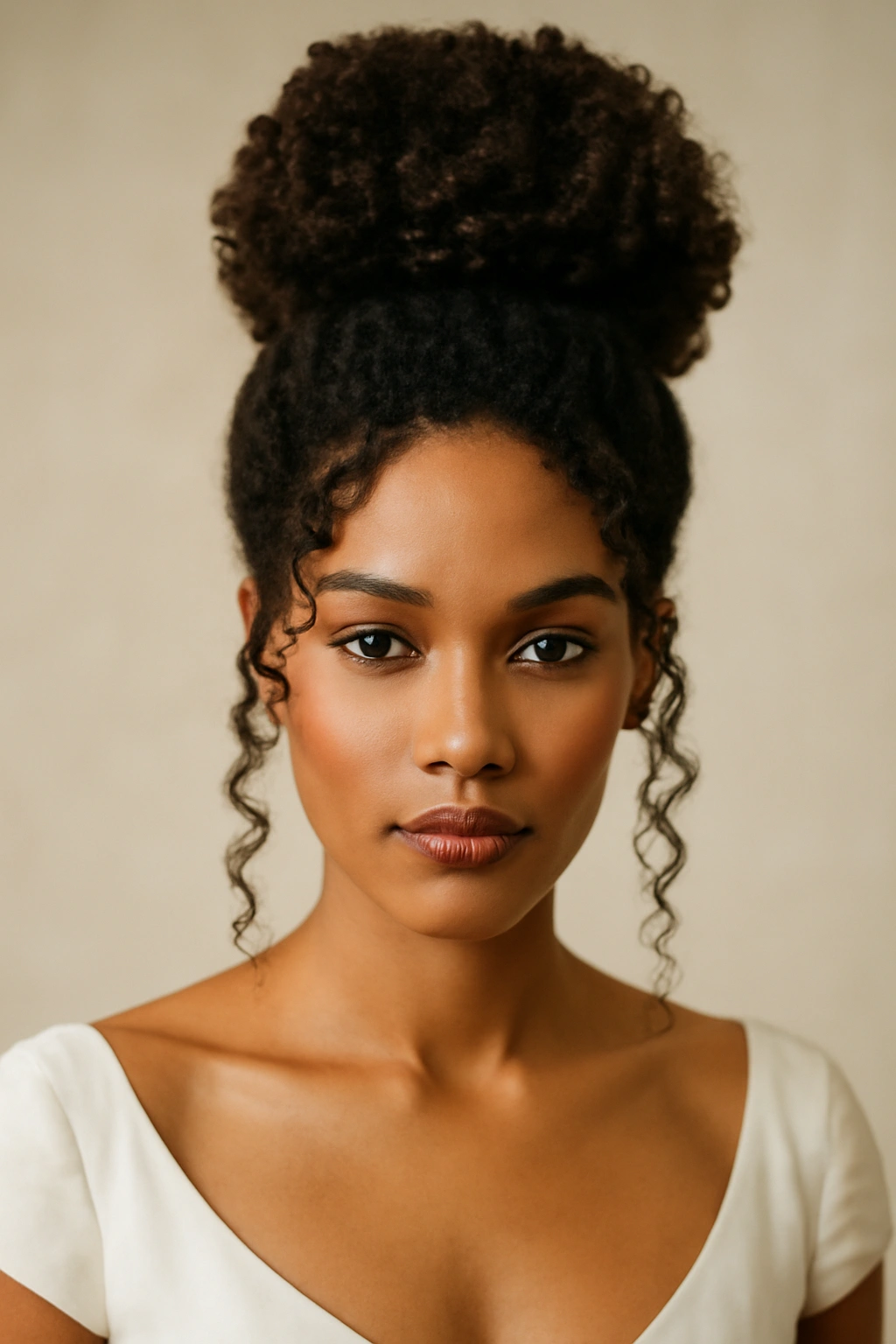 Close-up of stacked high bun with face-framing tendrils showing natural curls in bridal updo
