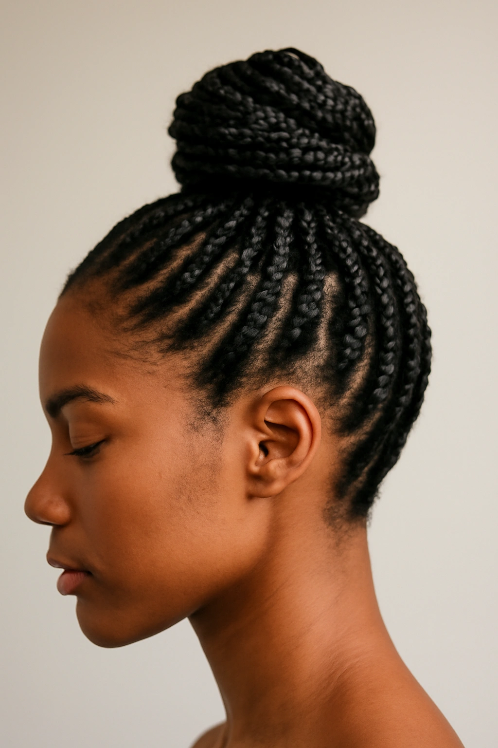 Close-up of stacked buns created from short box braids along the crown