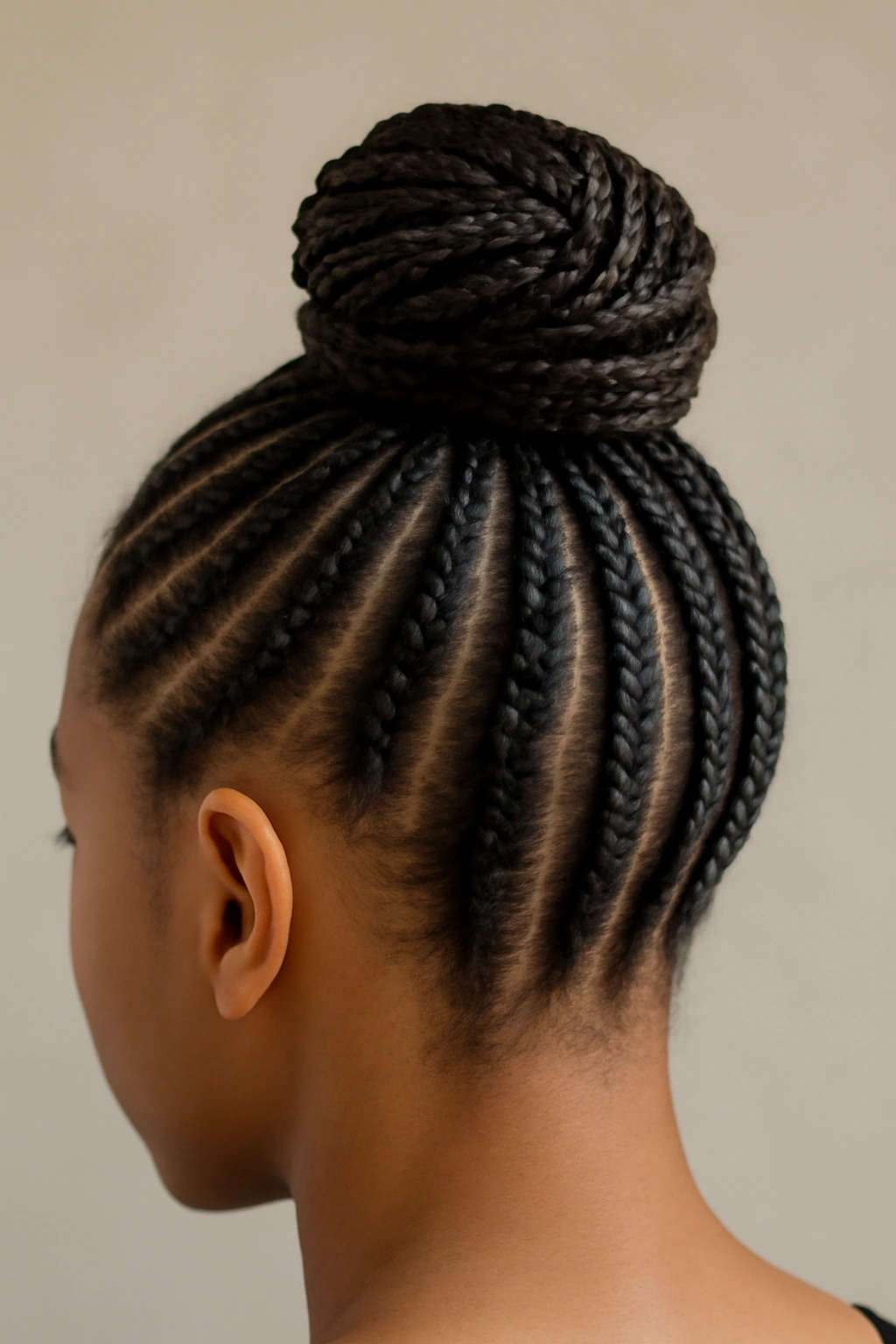 Close-up of stacked cornrows converging into a crown bun on short hair.