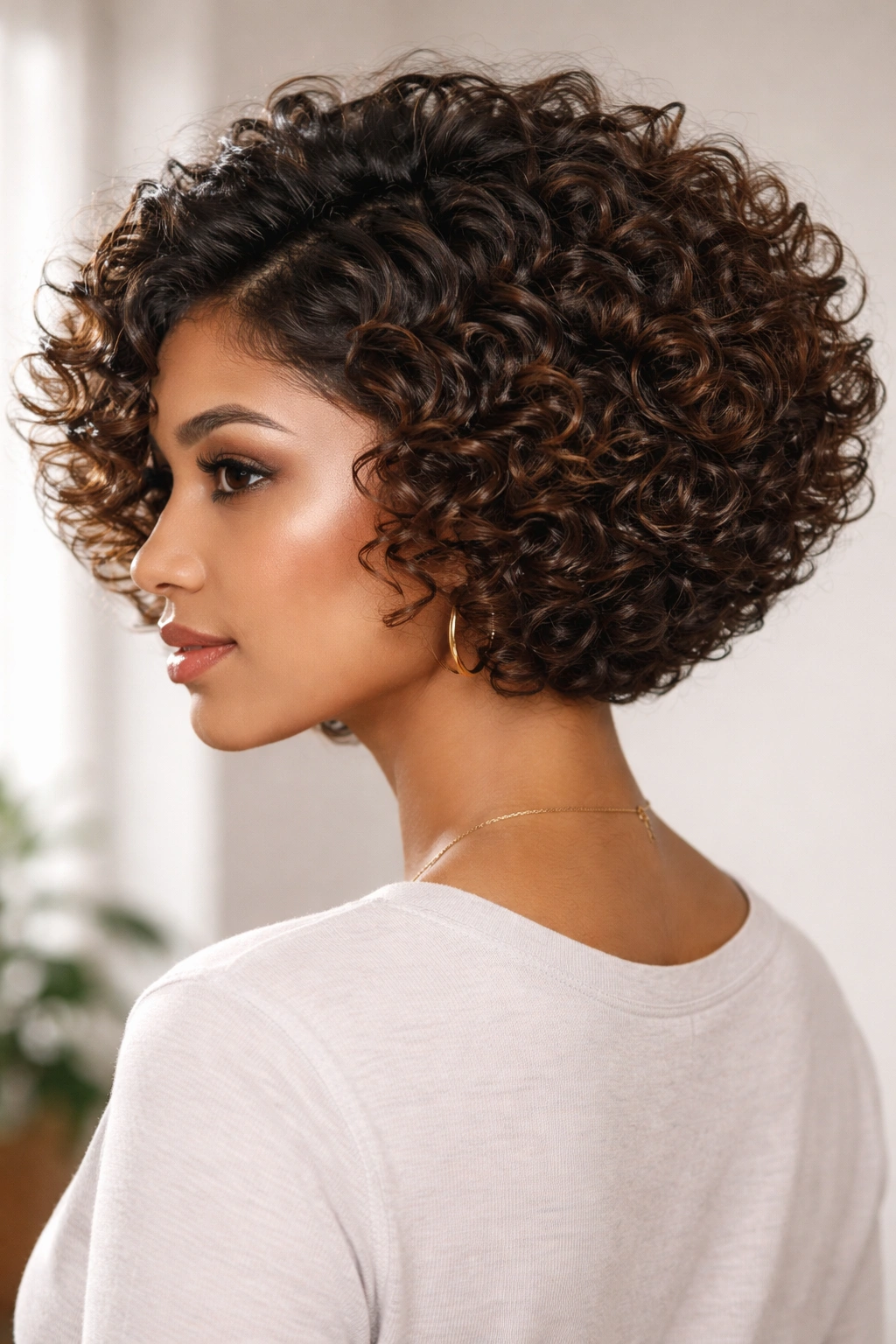 Voluminous stacked curly bob with defined crown and layered back.
