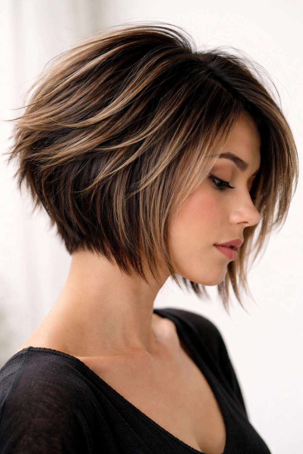 Portrait of a person with stacked layered textured bob showing crown volume and movement.