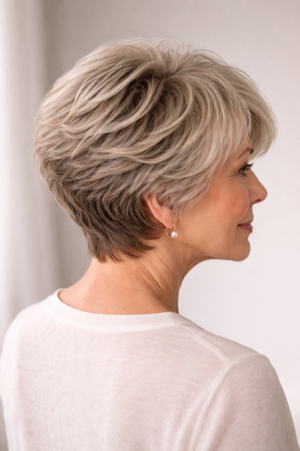 Back view of a mature woman displaying stacked crown layers for volume.