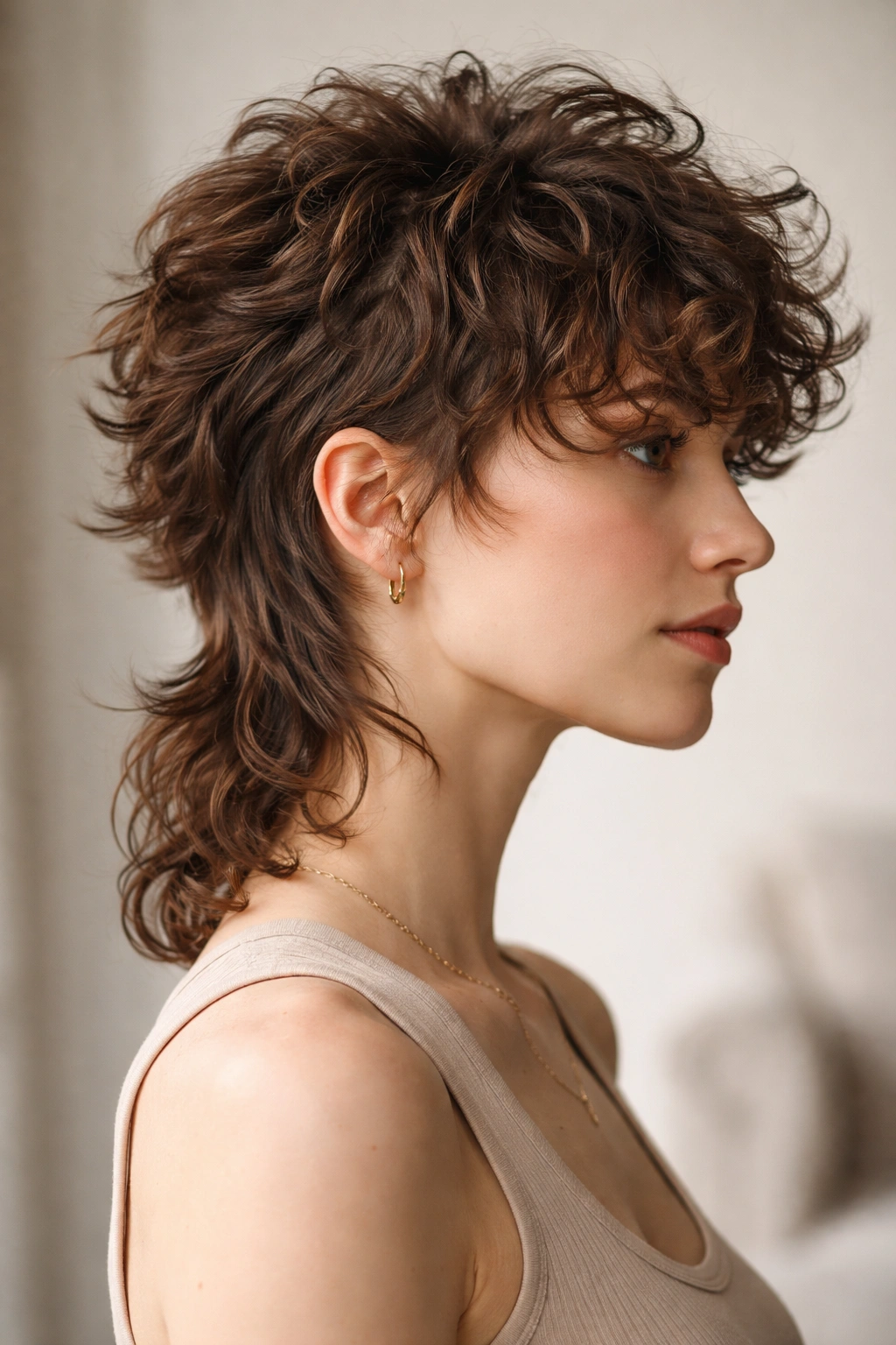 Side-profile of stacked pixie-mullet with sweeping curly bangs