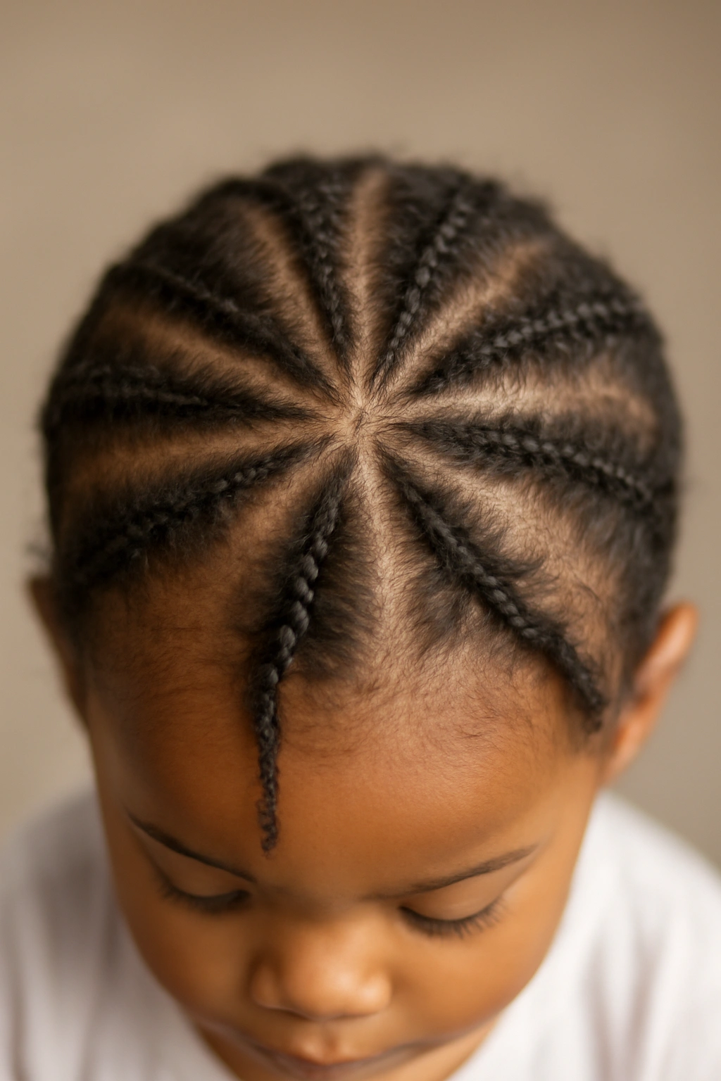 Close-up of a toddler's crown with radiating starburst braids