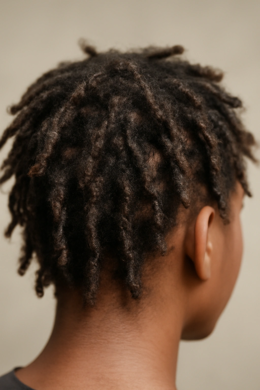 Close-up of 2-4 inch starter locs with loose texture forming early knots