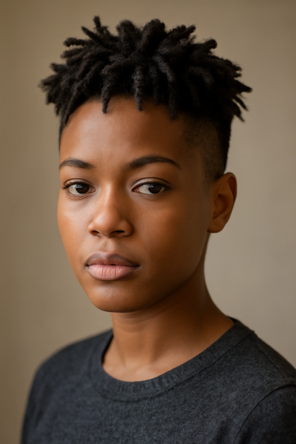 Head-and-shoulders view of starter locs with a tapered cut