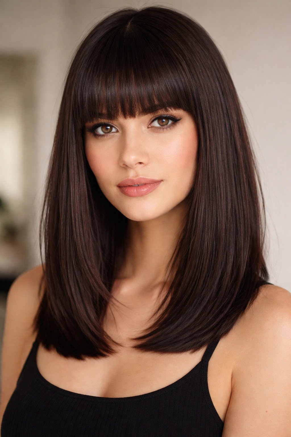 Face-framing straight-across bangs with shoulder-length hair