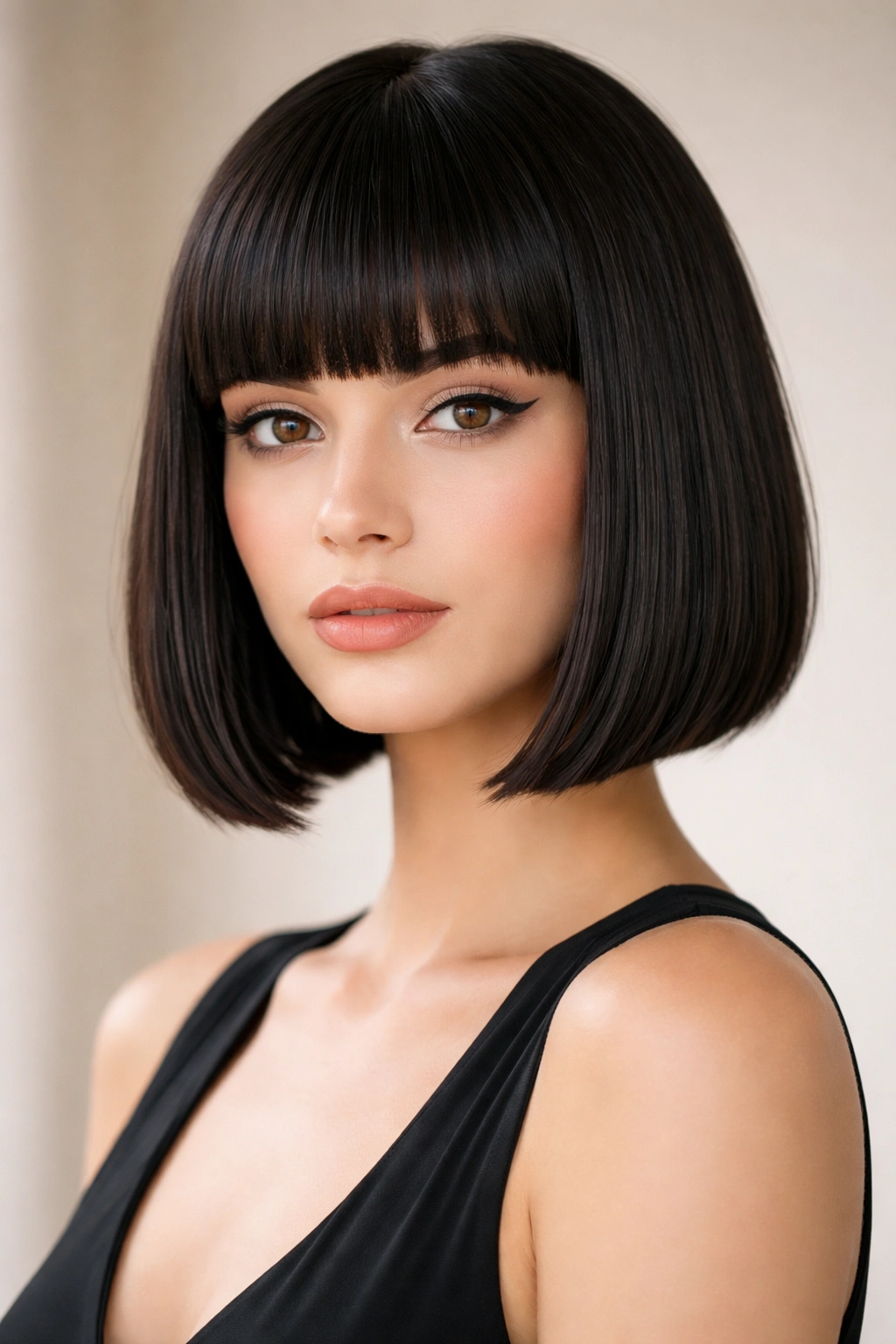 Frontal view of straight-across bangs with a bob creating a graphic look